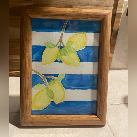 Italian Summer Watercolor Lemon Art with Blue Stripes in Wooden Frame - Picture 2 of 5